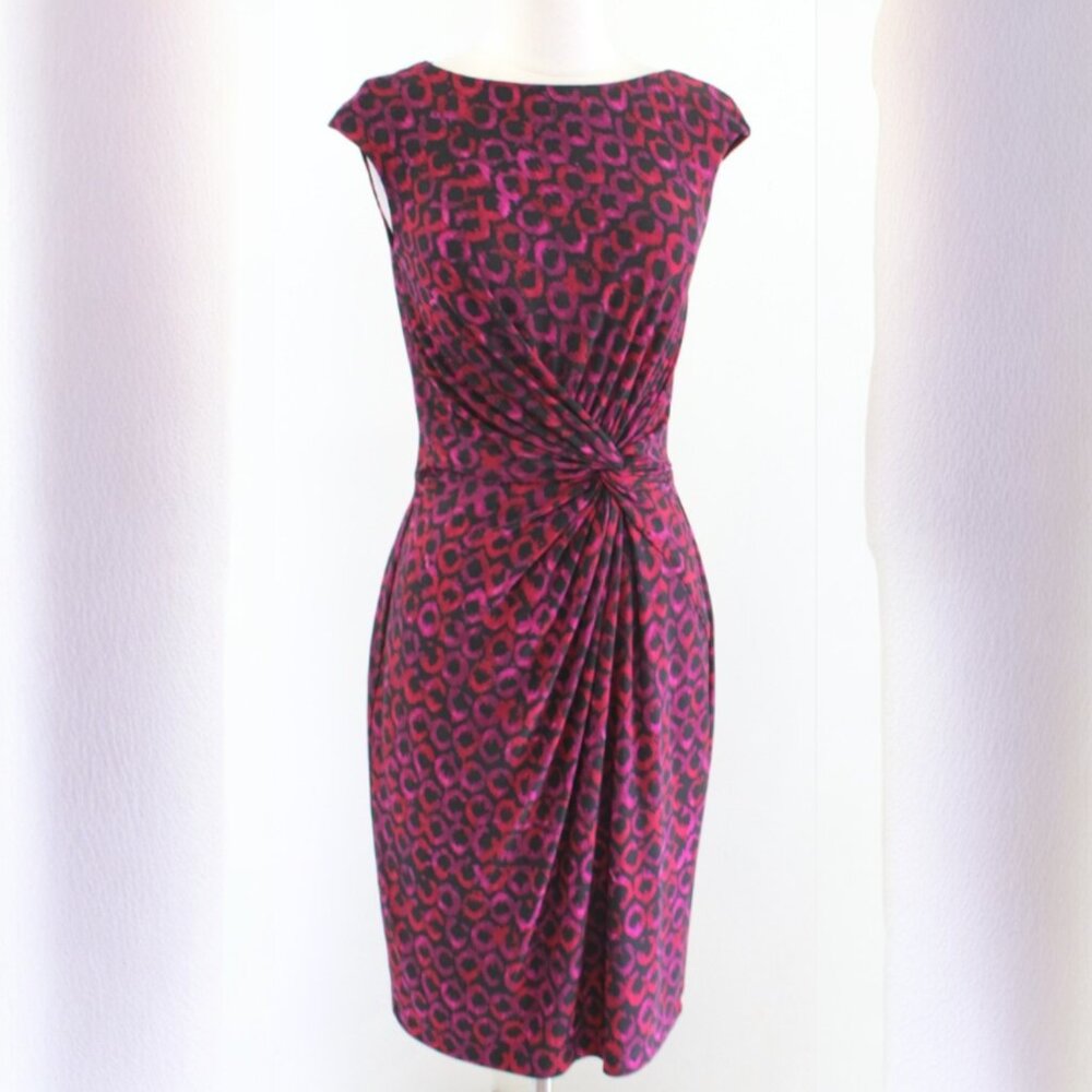 LAUREN RALPH LAUREN | Burgundy Geo Print Twist Front Boat Neck Cap Sleeve Dress